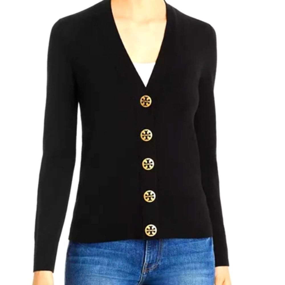 Tory Burch Black‎ Merino Wool V Neck Cardigan Sweater Size XS Long Sleeve Knit